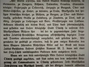 Edice privilegia Marie Terezie pro město Olomouc v publikaci Wilibalda Müllera, Geschichte der königlichen Hauptstadt Olmütz, Wien und Olmütz 1882, s. 242–243